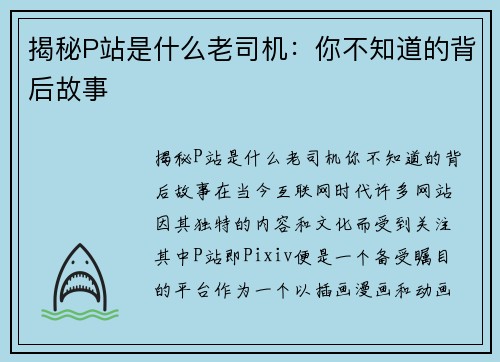 揭秘P站是什么老司机：你不知道的背后故事